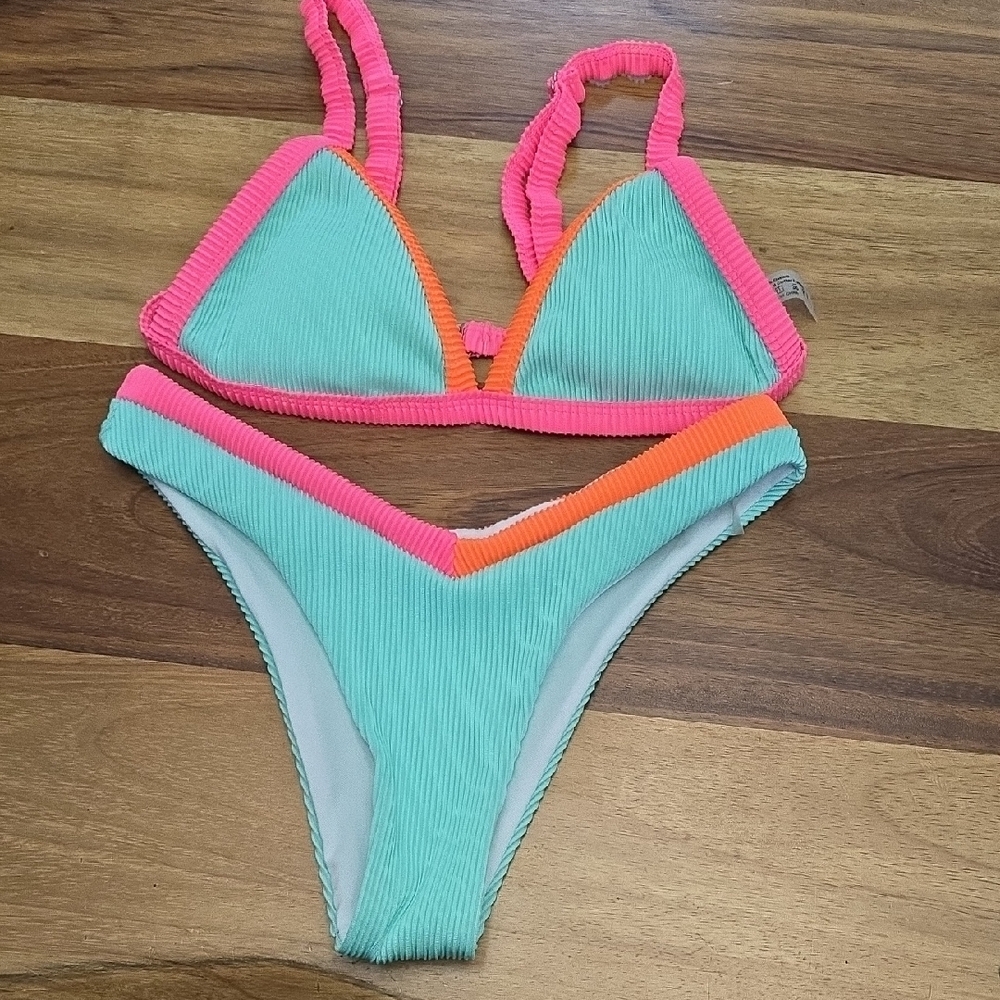 SHEIN Teal, Pink, & Orange Ribbed Bikini Set